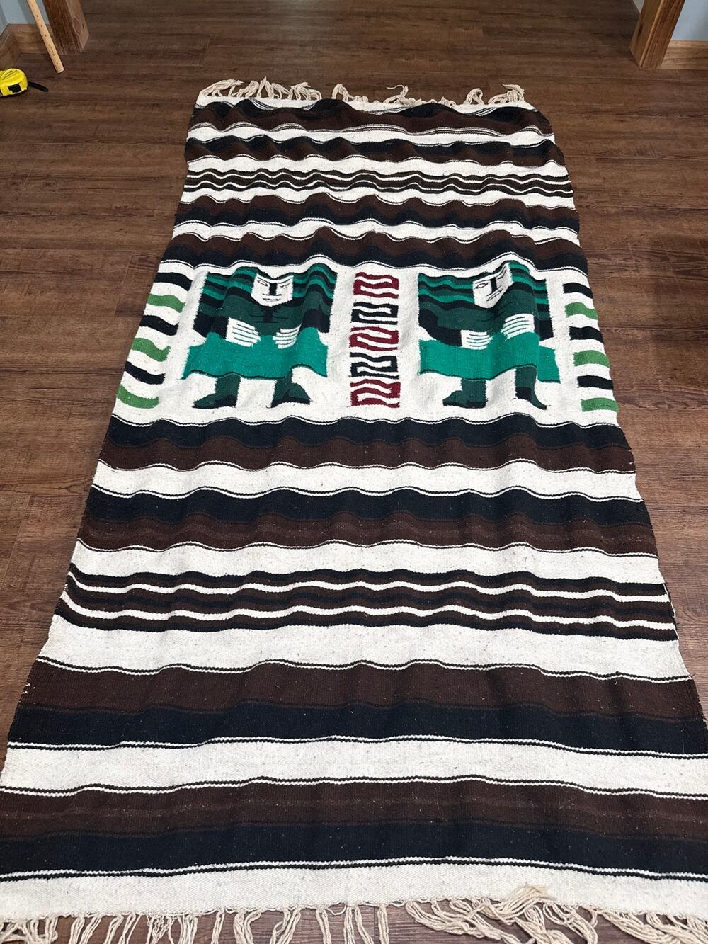 Vintage Mexican Style Handwoven Rug 40x80 Figural Folk Art Striped Fringe